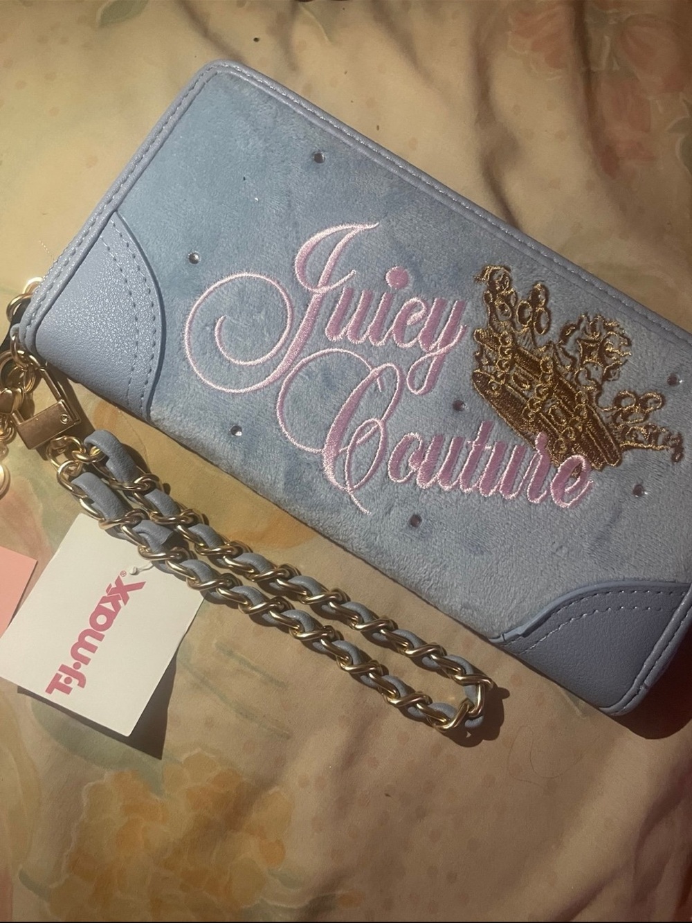 Juicy Couture Light Blue Embroidered Chain Wristlet with Gold Crown